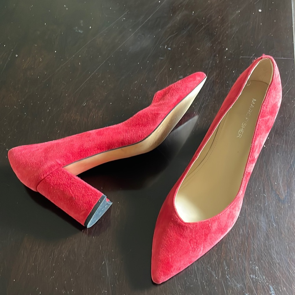 Marc Fisher, red suede pointed toe pumps heels. Style Caitlin.